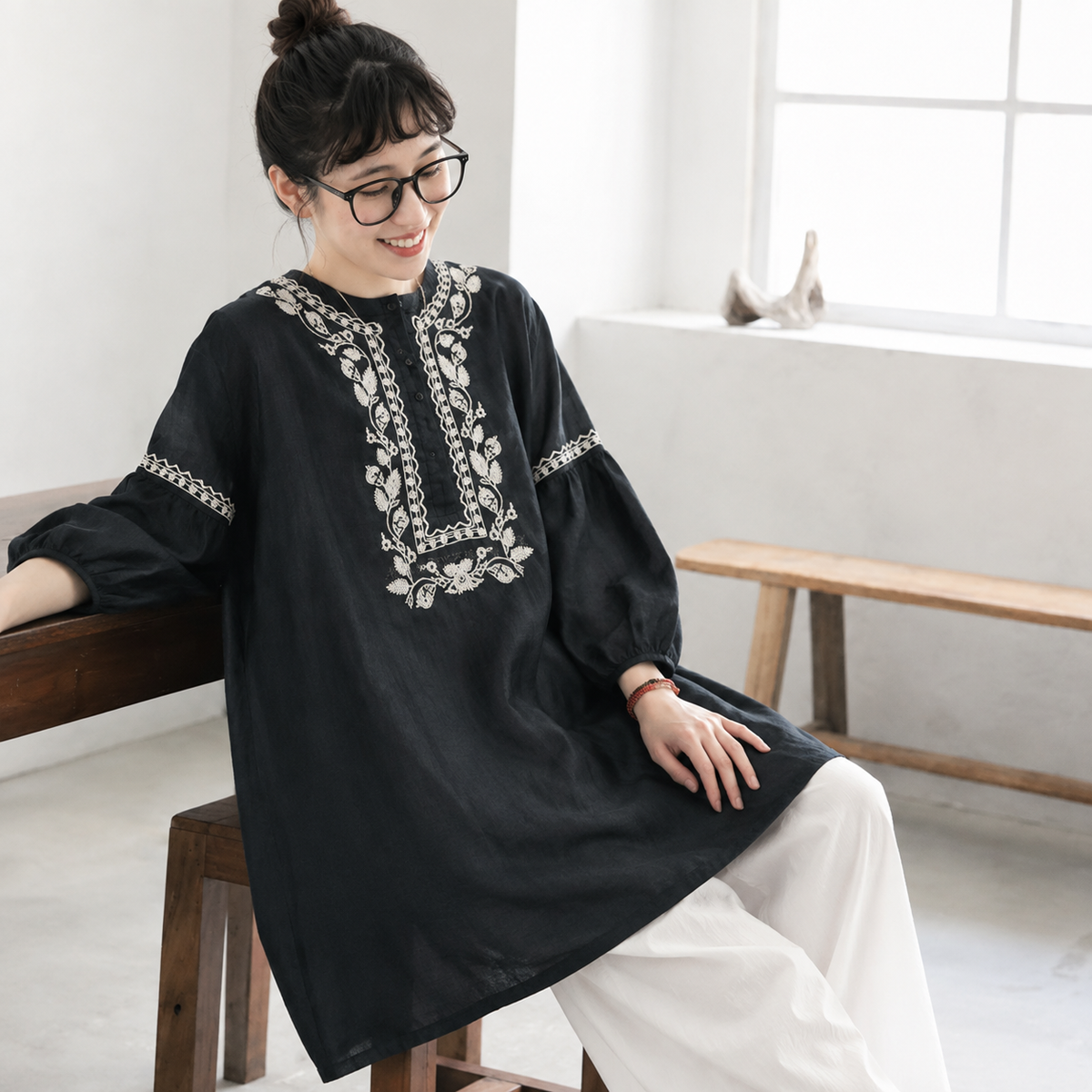 M-3XL 棉混 刺繍 ランタンスリーブ 無地 花模様 レトロ チュニック M ブラック