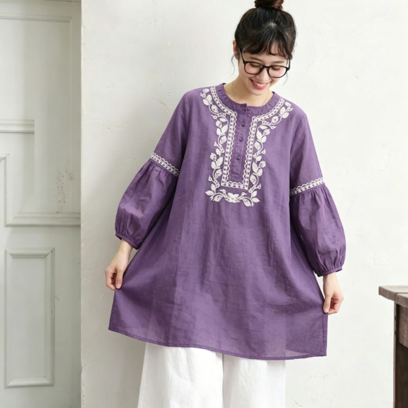 M-3XL 棉混 刺繍 ランタンスリーブ 無地 花模様 レトロ チュニック M ブラック