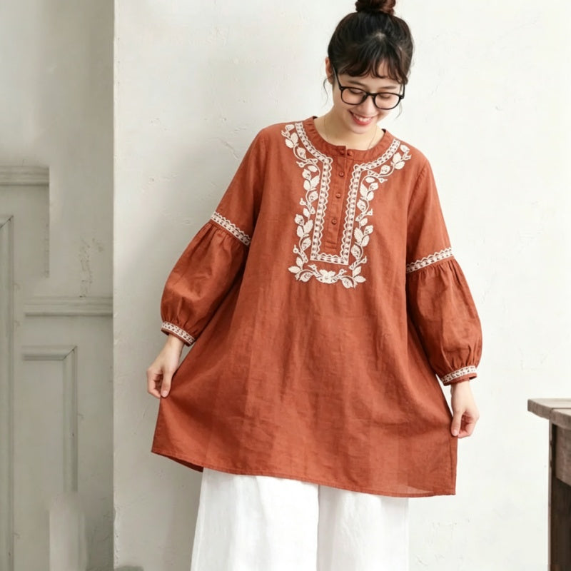 M-3XL 棉混 刺繍 ランタンスリーブ 無地 花模様 レトロ チュニック M ブラック