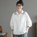 M-3XL POLOネック ファッション シングルブレスト 長袖 配色 シャツ 3XL ホワイト