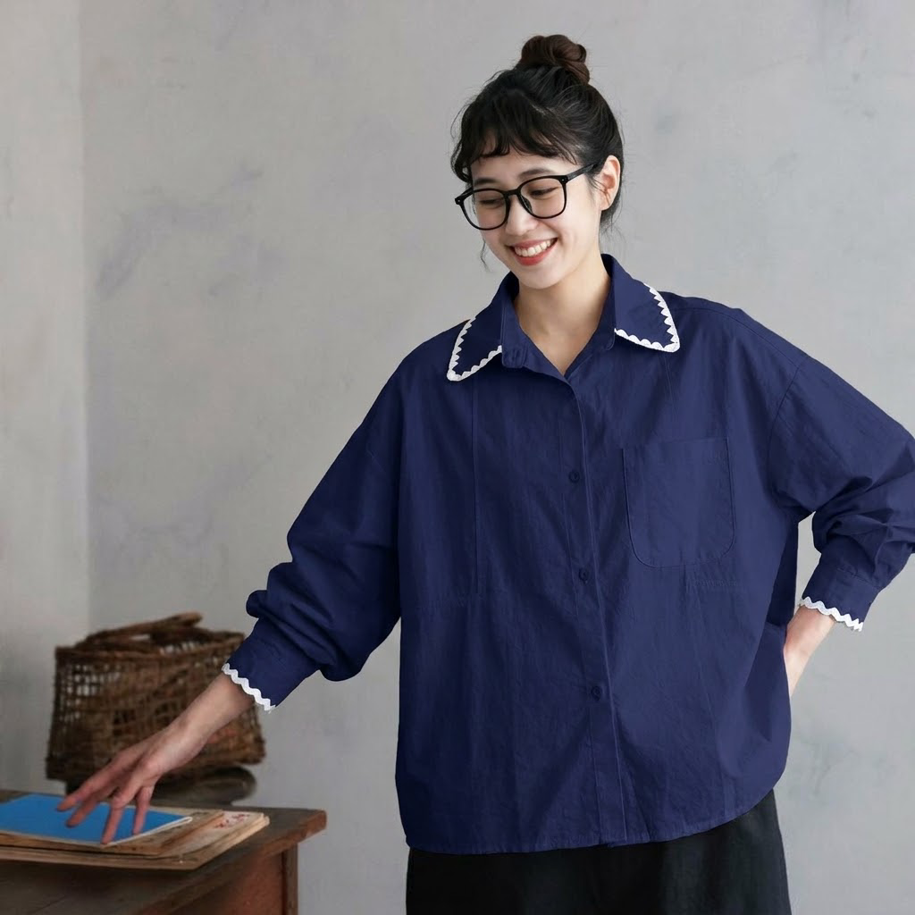 M-3XL POLOネック ファッション シングルブレスト 長袖 配色 シャツ M ホワイト