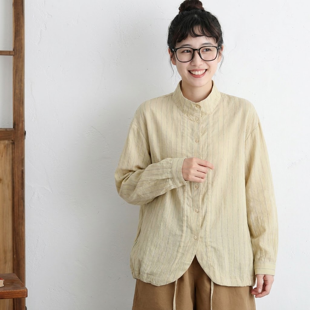 M-2XL インスタで超人気 ストライプ柄 レトロ 折り襟 シングルブレスト 長袖 シャツ M ベージュ