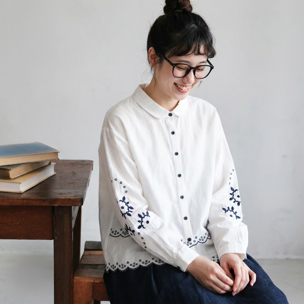 好感度UP 刺繍 森ガール パフカラー シングルブレスト 長袖 シャツ フリー ホワイト