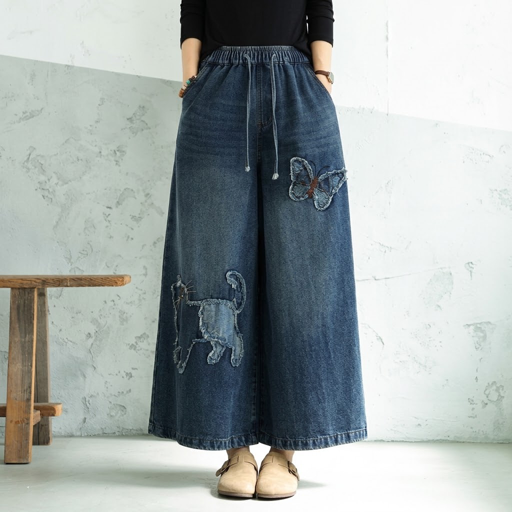 M-2XL『今売れてます!』 動物柄 刺繍 蝶 ハイウエスト レトロ スリム効果 ジーンズ 2XL ブルー