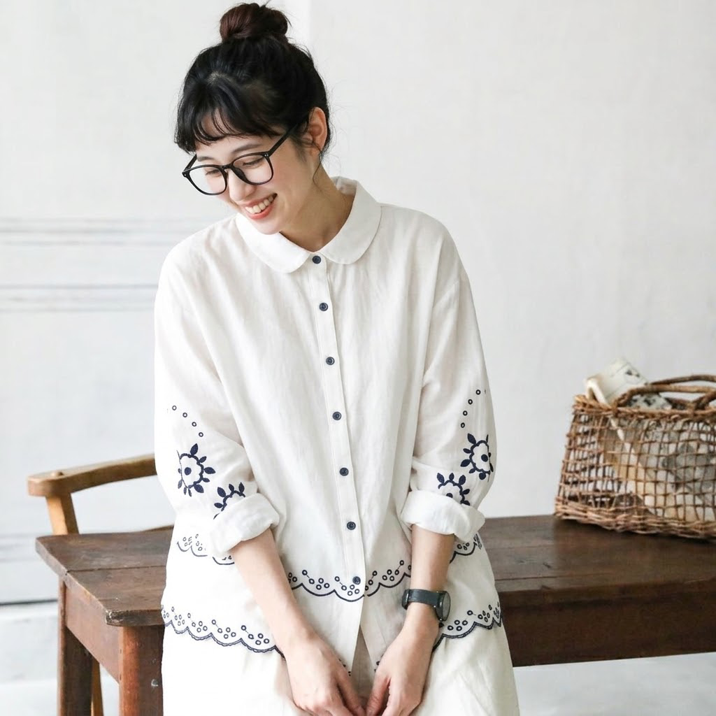 好感度UP 刺繍 森ガール パフカラー シングルブレスト 長袖 シャツ フリー ホワイト
