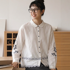 好感度UP 刺繍 森ガール パフカラー シングルブレスト 長袖 シャツ フリー ホワイト