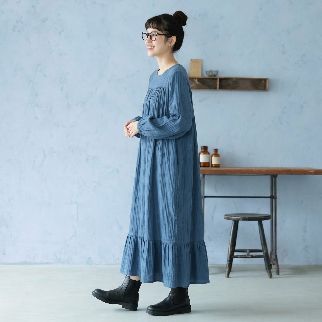 S-5XL 森ガール レトロ 無地 スリム効果 長袖 ランタンスリーブ ワンピース S ブルー