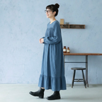 S-5XL 森ガール レトロ 無地 スリム効果 長袖 ランタンスリーブ ワンピース S ブルー