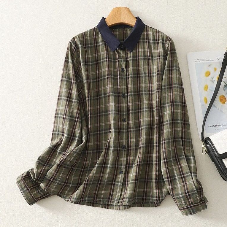 L-2XL 素材とデザインを両立させた  配色襟ブラウス L グリーン