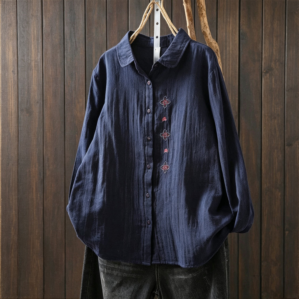 M-2XL 好感度UP 森ガール 刺繍 長袖 折り襟 シングルブレスト シャツ M ホワイト
