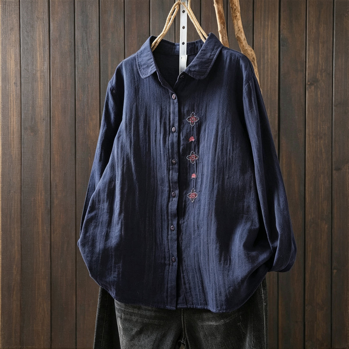 M-2XL 好感度UP 森ガール 刺繍 長袖 折り襟 シングルブレスト シャツ M ホワイト