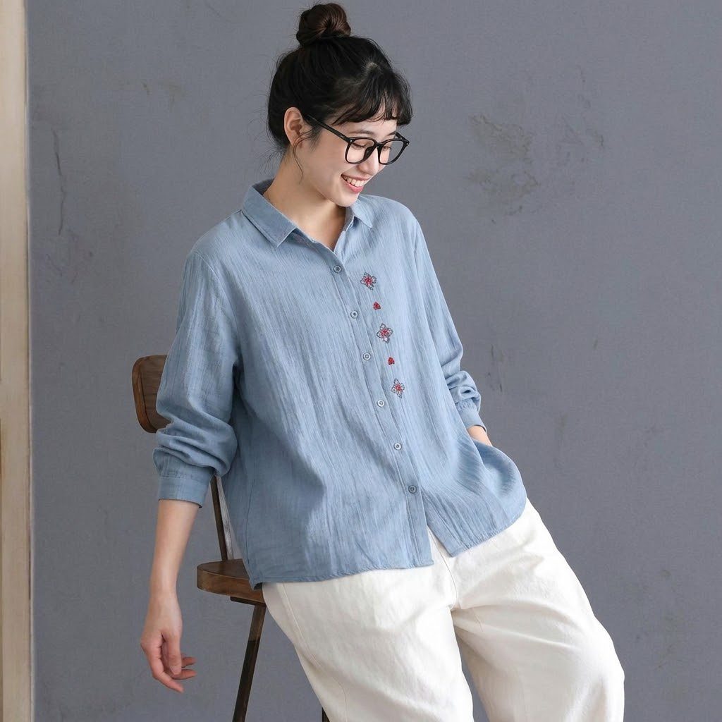 M-2XL 好感度UP 森ガール 刺繍 長袖 折り襟 シングルブレスト シャツ M ホワイト