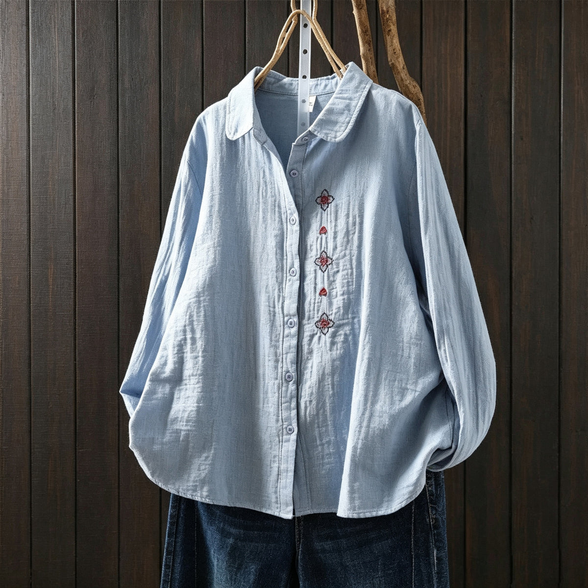 M-2XL 好感度UP 森ガール 刺繍 長袖 折り襟 シングルブレスト シャツ 2XL ライトブルー