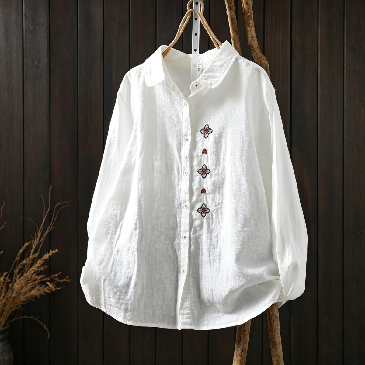 M-2XL 好感度UP 森ガール 刺繍 長袖 折り襟 シングルブレスト シャツ M ホワイト