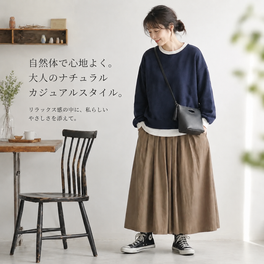 S-L プリーツ 無地 ランタンスリーブ 配色 長袖 スカートセット S ネイビー／トップス＋ブラウン／スカート
