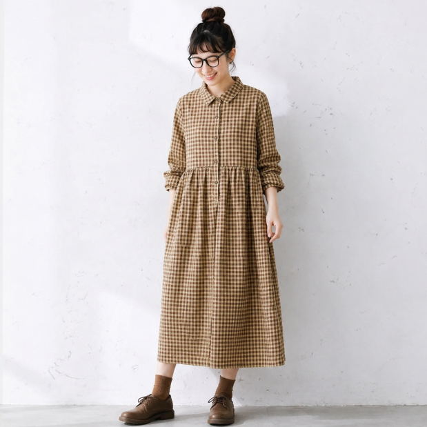 M-2XL プリーツ ボタン チェック柄 長袖 カジュアル ワンピース M コーヒー
