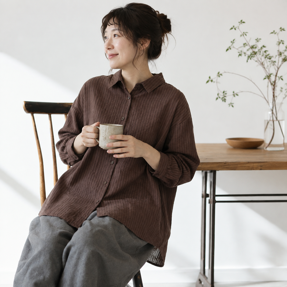 L-2XL POLOネック シングルブレスト レトロ 長袖 シャツ L イエロー