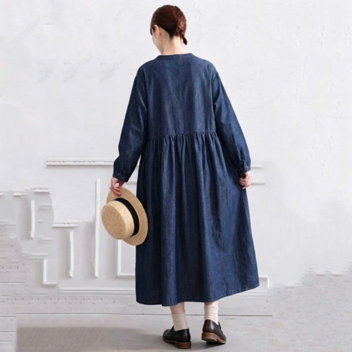 M-2XL デニム シャツカラー プリーツ ダブルボタン ゆったり シーズン移行向け 長袖 ワンピース M ネイビー