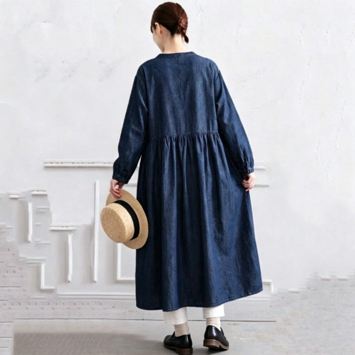 M-2XL デニム シャツカラー プリーツ ダブルボタン ゆったり シーズン移行向け 長袖 ワンピース M ネイビー