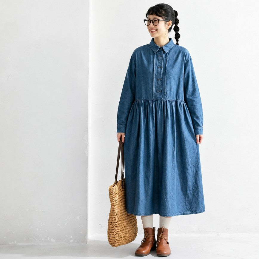 M-2XL デニム シャツカラー プリーツ ダブルボタン ゆったり シーズン移行向け 長袖 ワンピース M ネイビー