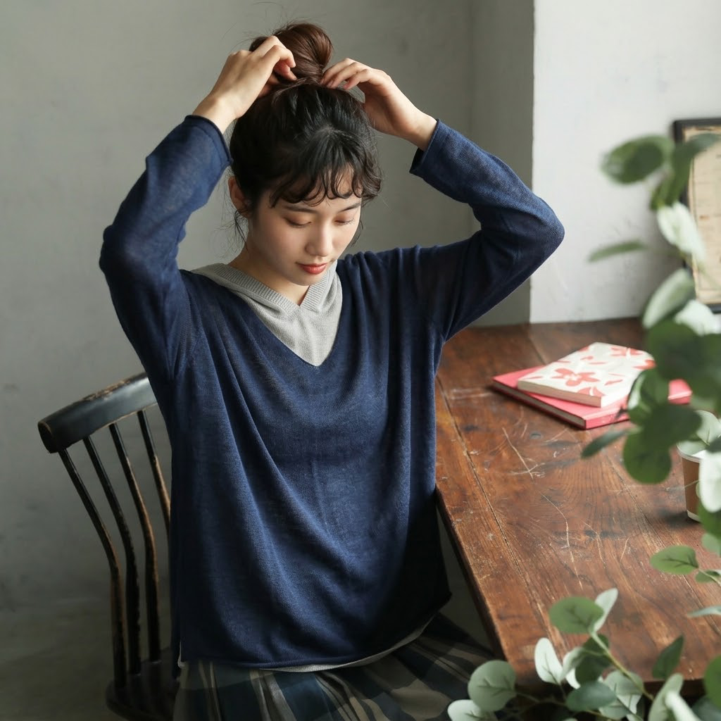 M-2XL 重ね着風 フード付き 配色 長袖 レトロ Tシャツ 2XL ネイビー