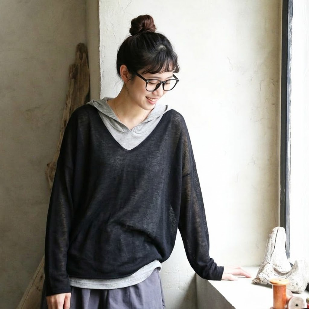 M-2XL 重ね着風 フード付き 配色 長袖 レトロ Tシャツ M グレー