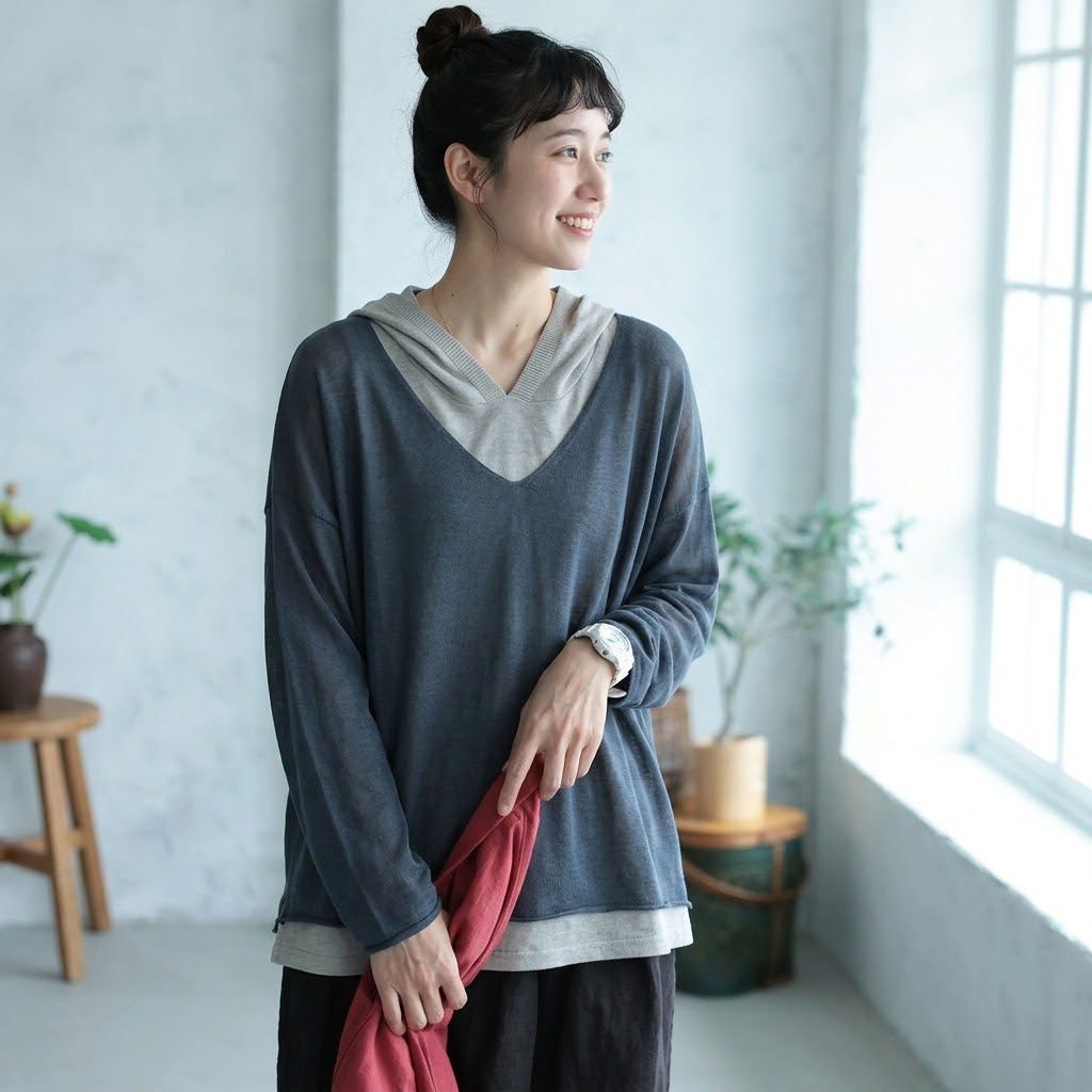 M-2XL 重ね着風 フード付き 配色 長袖 レトロ Tシャツ M グレー