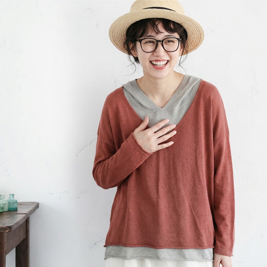 M-2XL 重ね着風 フード付き 配色 長袖 レトロ Tシャツ M グレー
