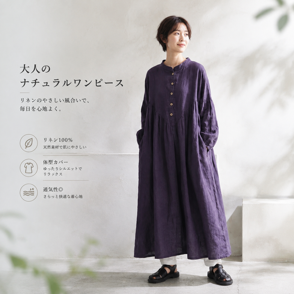 M・L ランタンスリーブ 綿麻 無地  ストレート ボタン 長袖 レトロ カジュアルワンピース M マルーンパープル