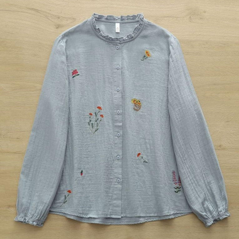 M-L 大人可愛い 長袖 スウィート 刺繍 フリル ボタン シャツ M ホワイト