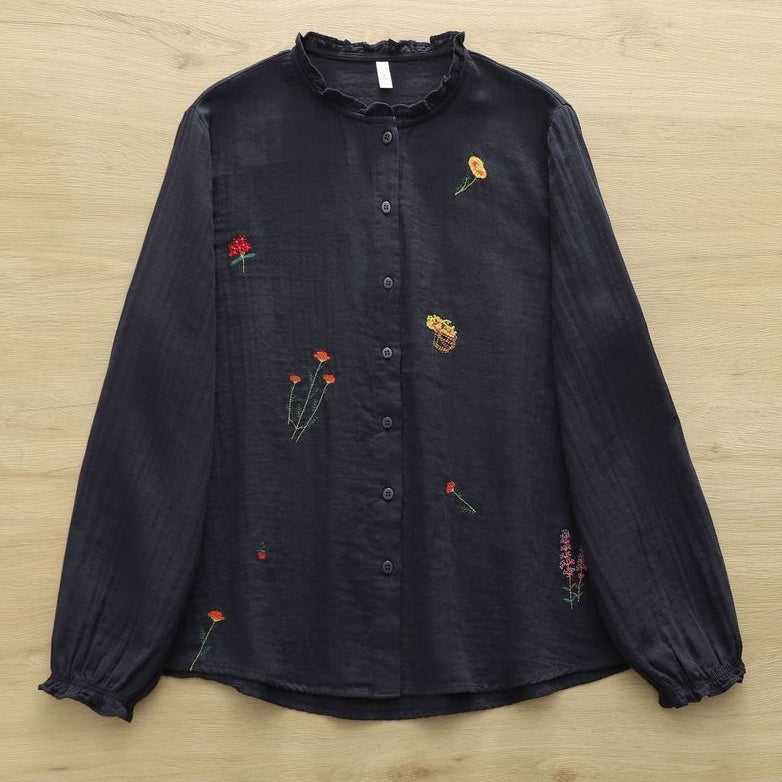 M-L 大人可愛い 長袖 スウィート 刺繍 フリル ボタン シャツ M ホワイト