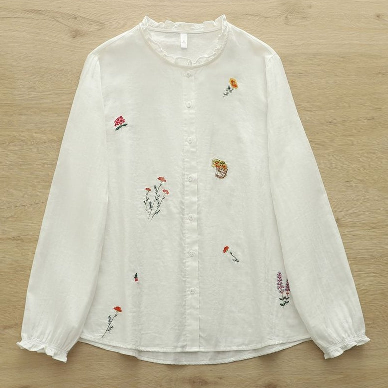 M-L 大人可愛い 長袖 スウィート 刺繍 フリル ボタン シャツ M ホワイト