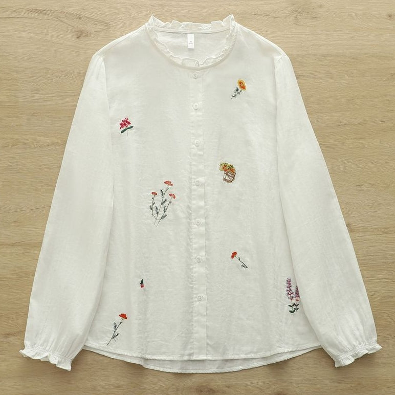 M-L 大人可愛い 長袖 スウィート 刺繍 フリル ボタン シャツ L ホワイト