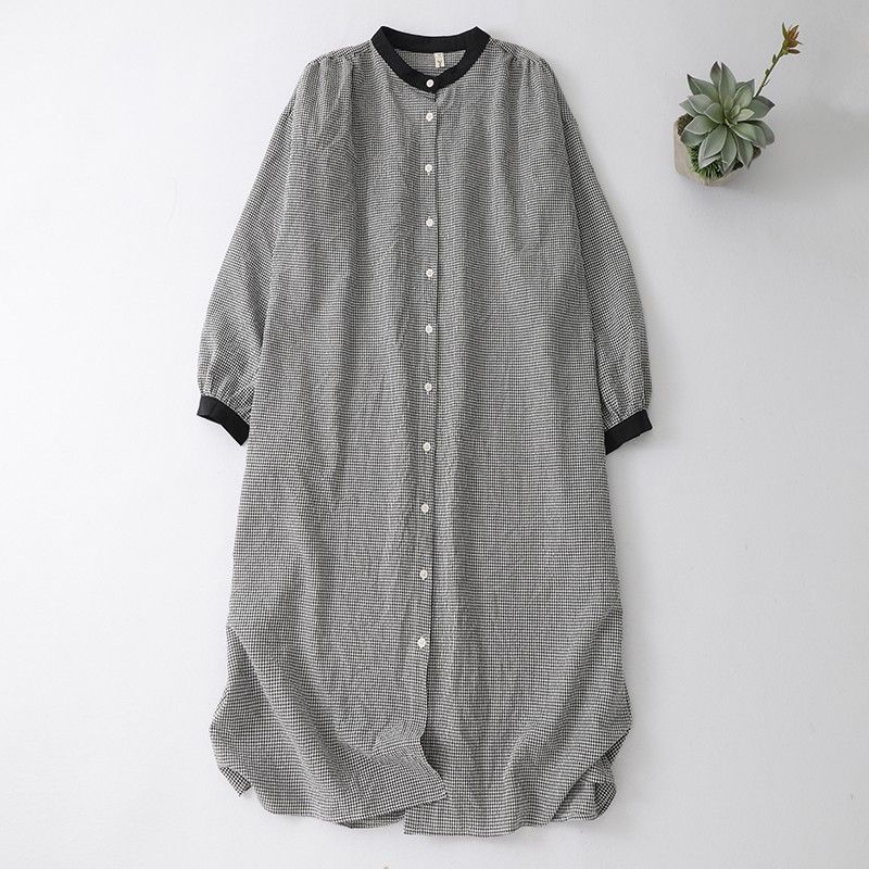 M-2XL レトロ チェック柄 ボタン 長袖 Aライン ワンピース M 写真通り