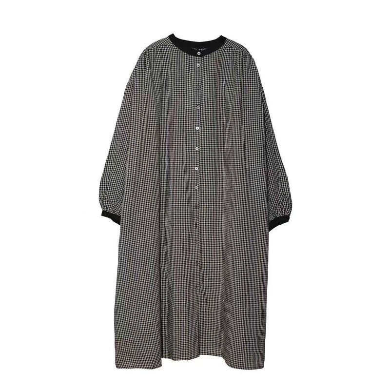 【コットン】M-2XL 長く着られる シンプル チェック柄 長袖 ワンピース M 写真通り