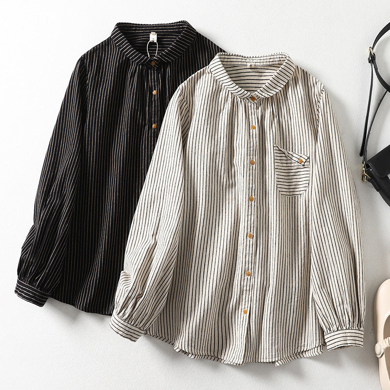 M-2XL ストライプ柄 大人向け 長袖 シャツ M ホワイト