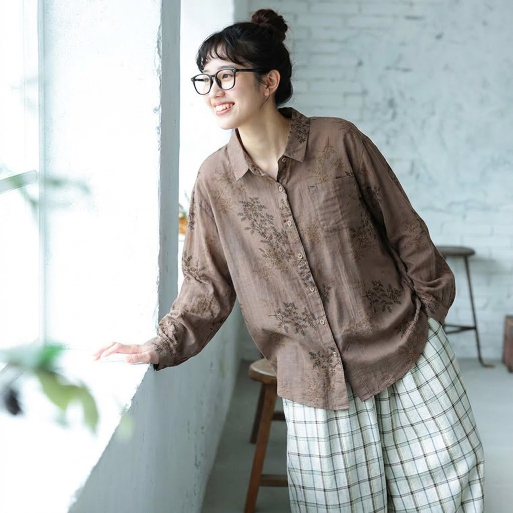 トレンドを先取り♪ 長袖 折り襟 シングルブレスト 森ガール プリント シャツ フリー ピンク