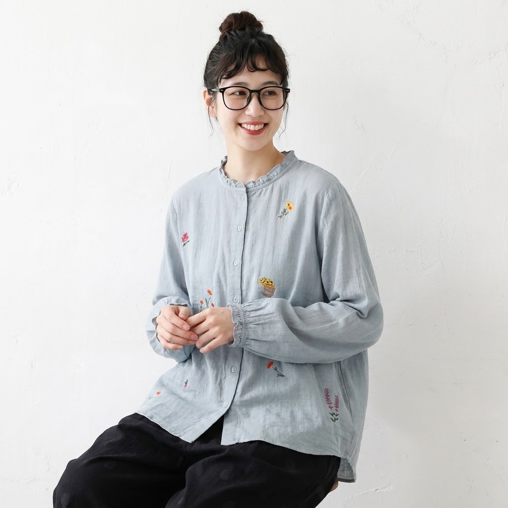 M-L 大人可愛い 長袖 スウィート 刺繍 フリル ボタン シャツ M ホワイト