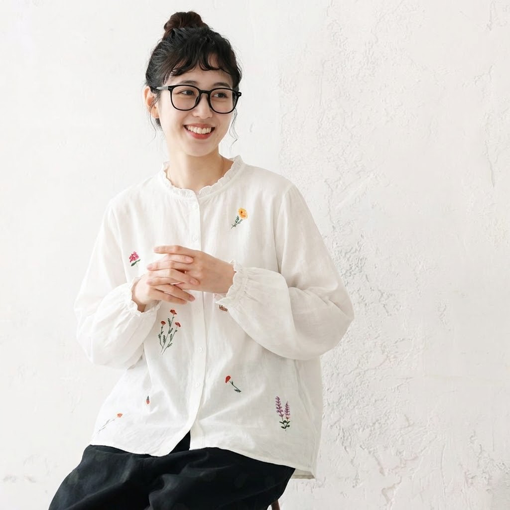 M-L 大人可愛い 長袖 スウィート 刺繍 フリル ボタン シャツ M ホワイト
