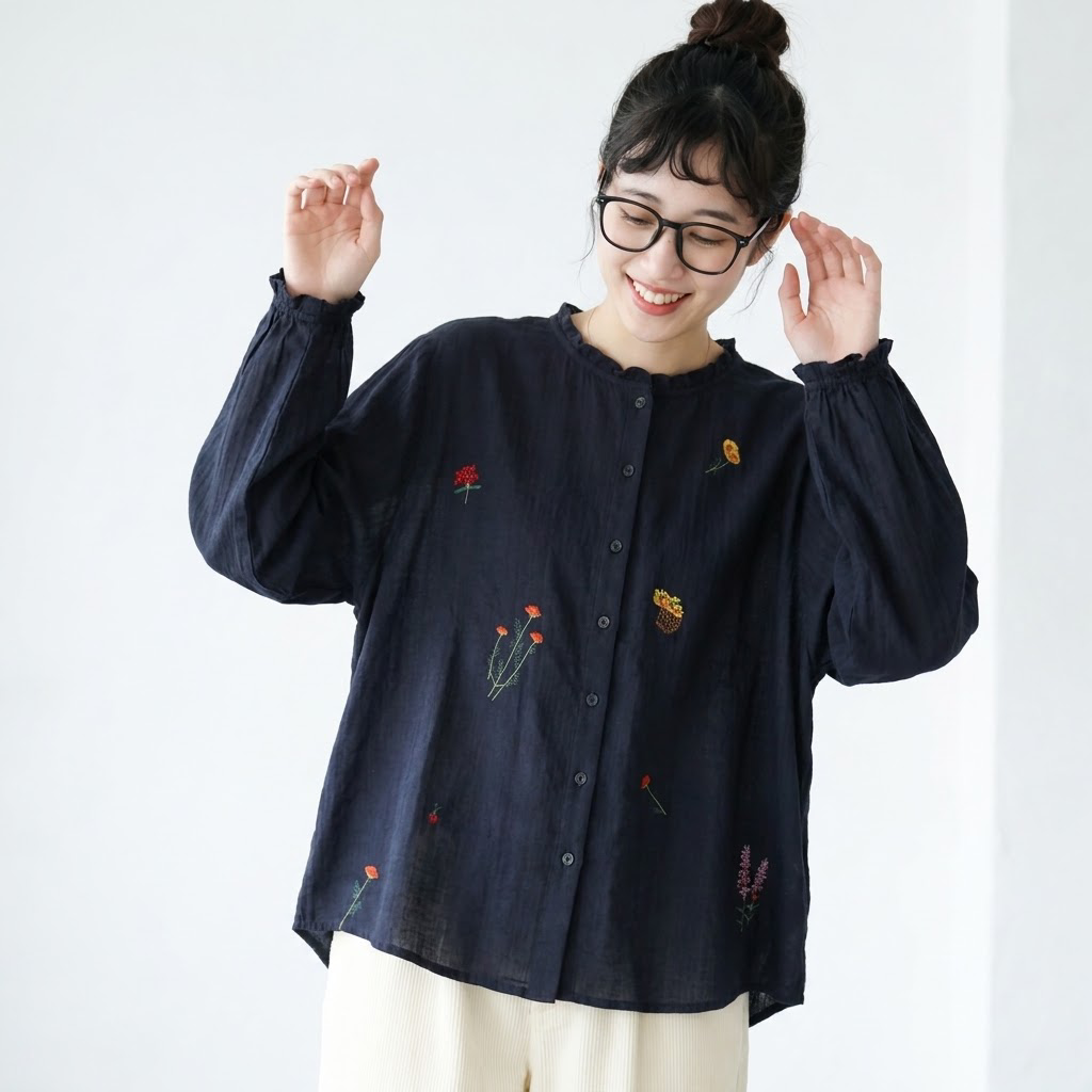 M-L 大人可愛い 長袖 スウィート 刺繍 フリル ボタン シャツ M ホワイト