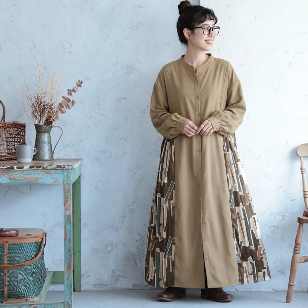 幾何模様 プリント シングルブレスト ファッション 長袖 スタンドネック ワンピース フリー ブラック