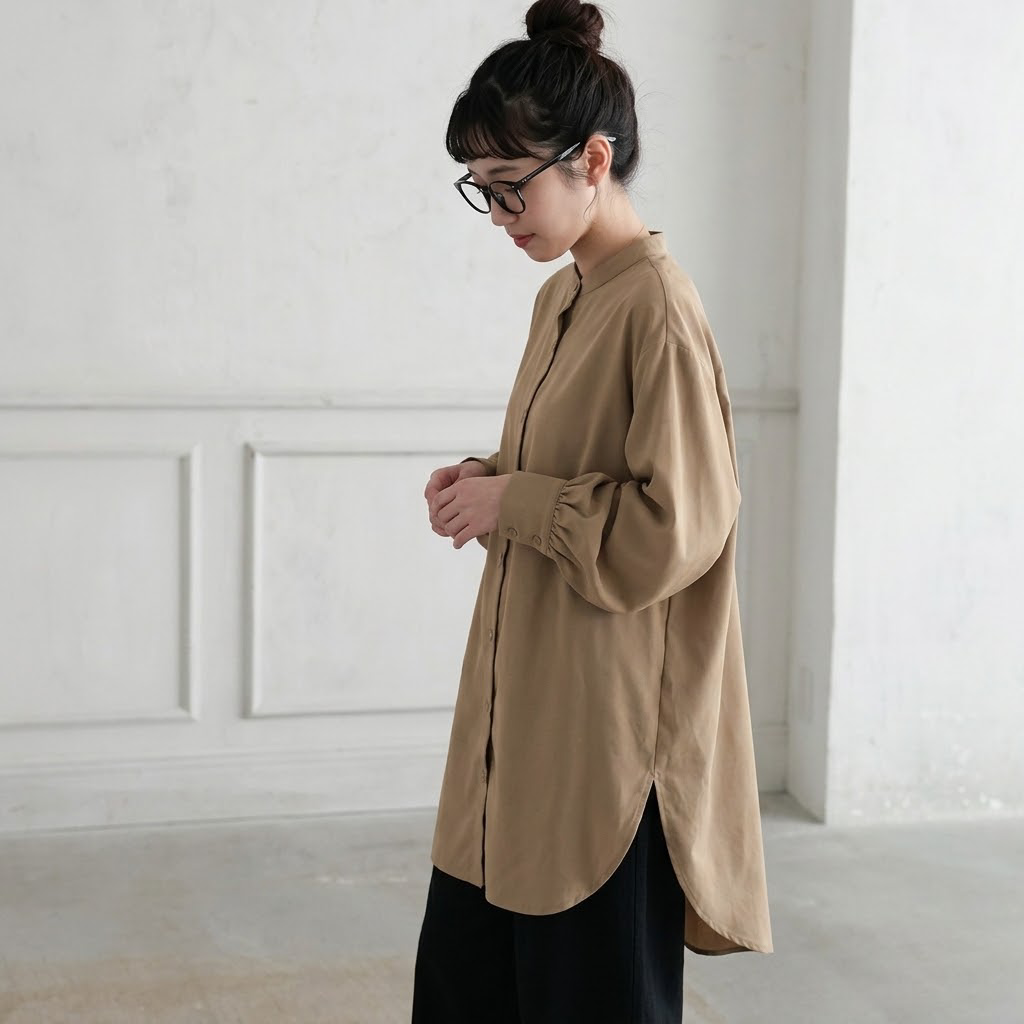 M-L シンプル ファッション 無地 シングルブレスト スリット 長袖 シャツ M ライトグリーン