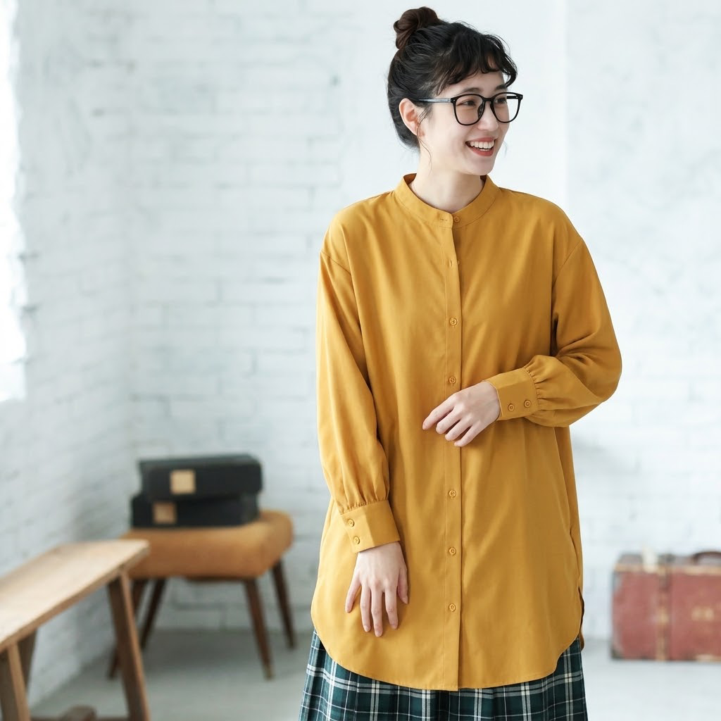 M-L シンプル ファッション 無地 シングルブレスト スリット 長袖 シャツ M ライトグリーン