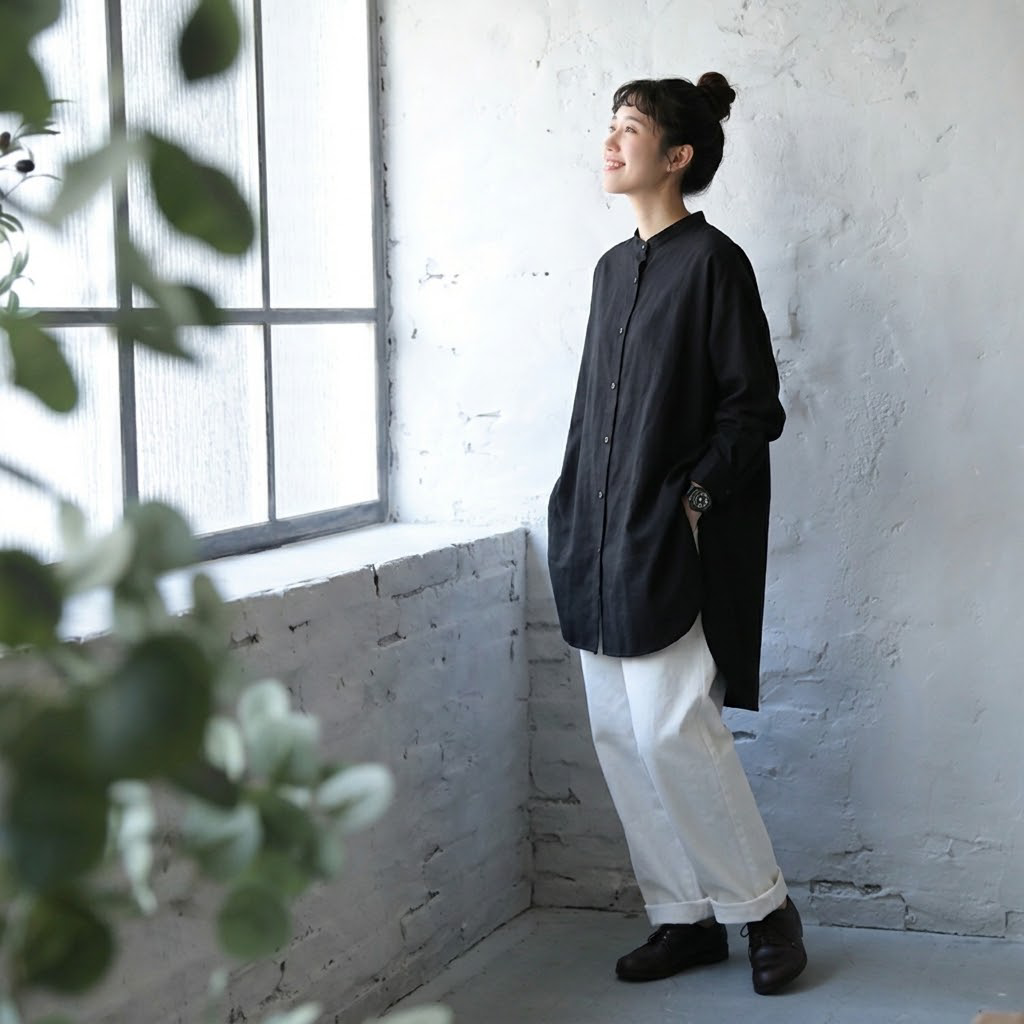M-L シンプル ファッション 無地 シングルブレスト スリット 長袖 シャツ L ブラック