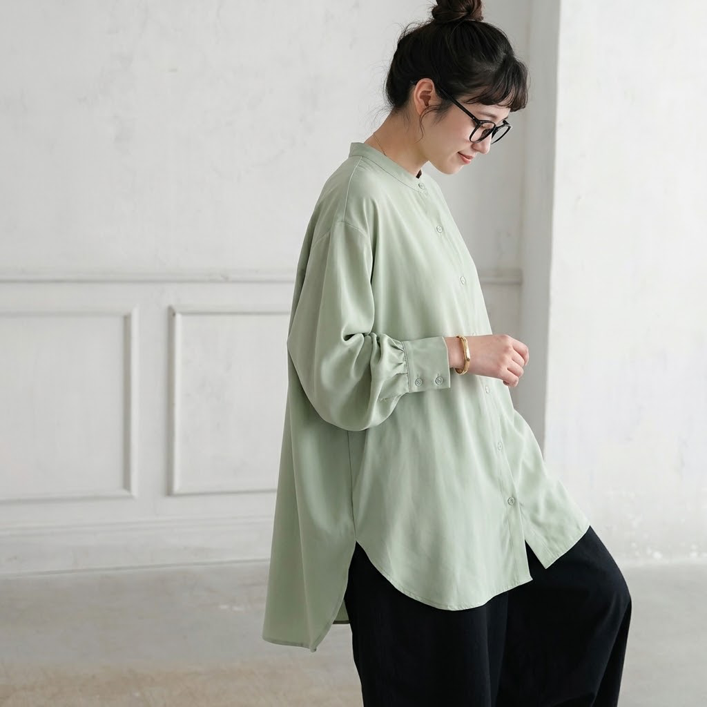 M-L シンプル ファッション 無地 シングルブレスト スリット 長袖 シャツ L ライトグリーン