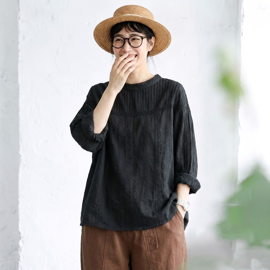 M-2XL さりげない甘さ なみなみレースの大人ブラウス 2XL ブラック
