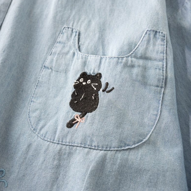 動物柄 刺繍 森ガール 折り襟 シングルブレスト 長袖 シャツ フリー 写真と同じ