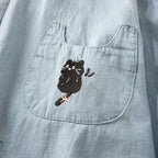 動物柄 刺繍 森ガール 折り襟 シングルブレスト 長袖 シャツ フリー 写真と同じ