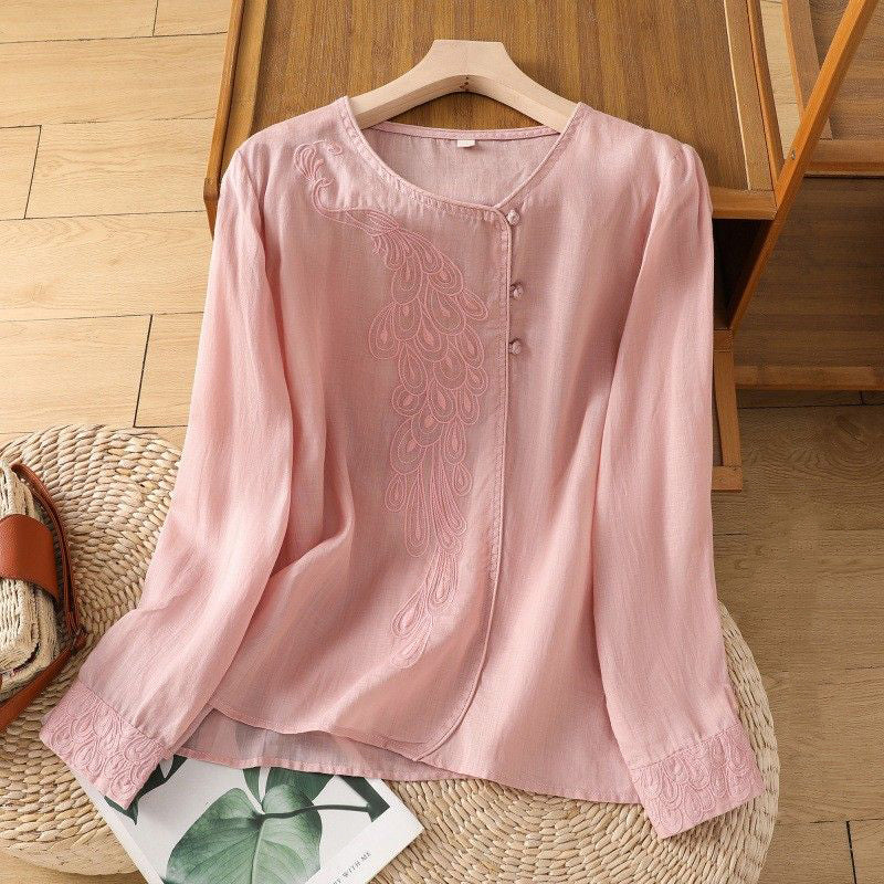 M-2XL チャイナ風 刺繍 ゆったり 体型カバー スルーシーズン きれいめ 長袖 シャツ M ピンク