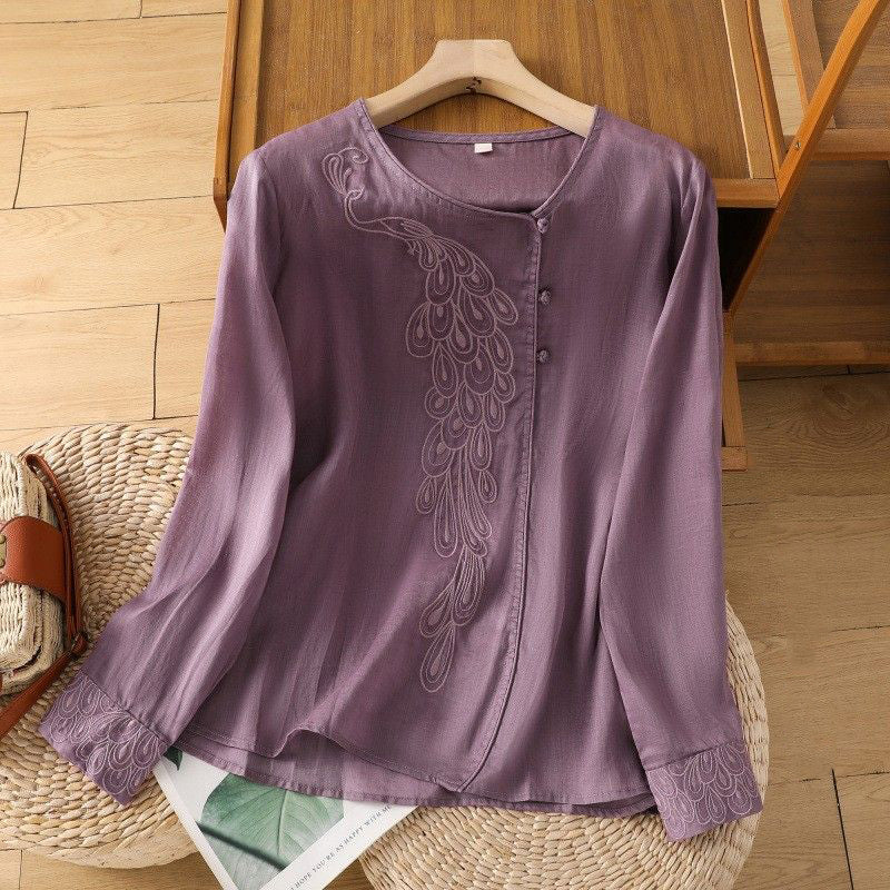 M-2XL チャイナ風 刺繍 ゆったり 体型カバー スルーシーズン きれいめ 長袖 シャツ M ピンク